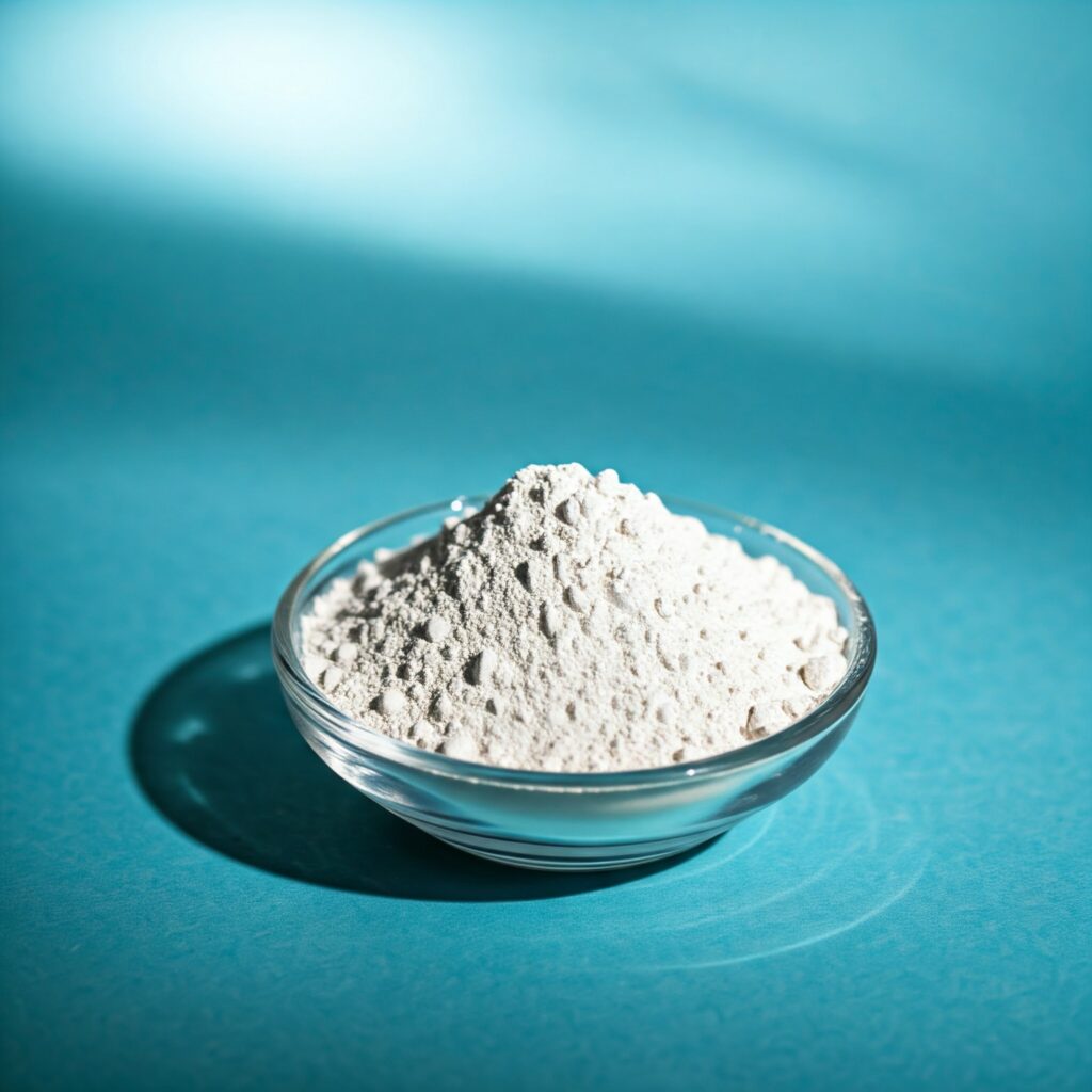 Talc powder in a glass bowl, premium industrial minerals and chemicals supplier in Ahmedabad, Gujarat for paints, plastics, and rubber.