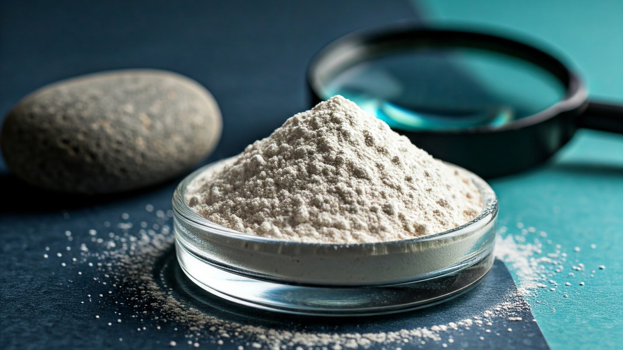 Dolomite powder in a bowl, high-quality industrial chemicals supplier in Ahmedabad for paints and rubber.