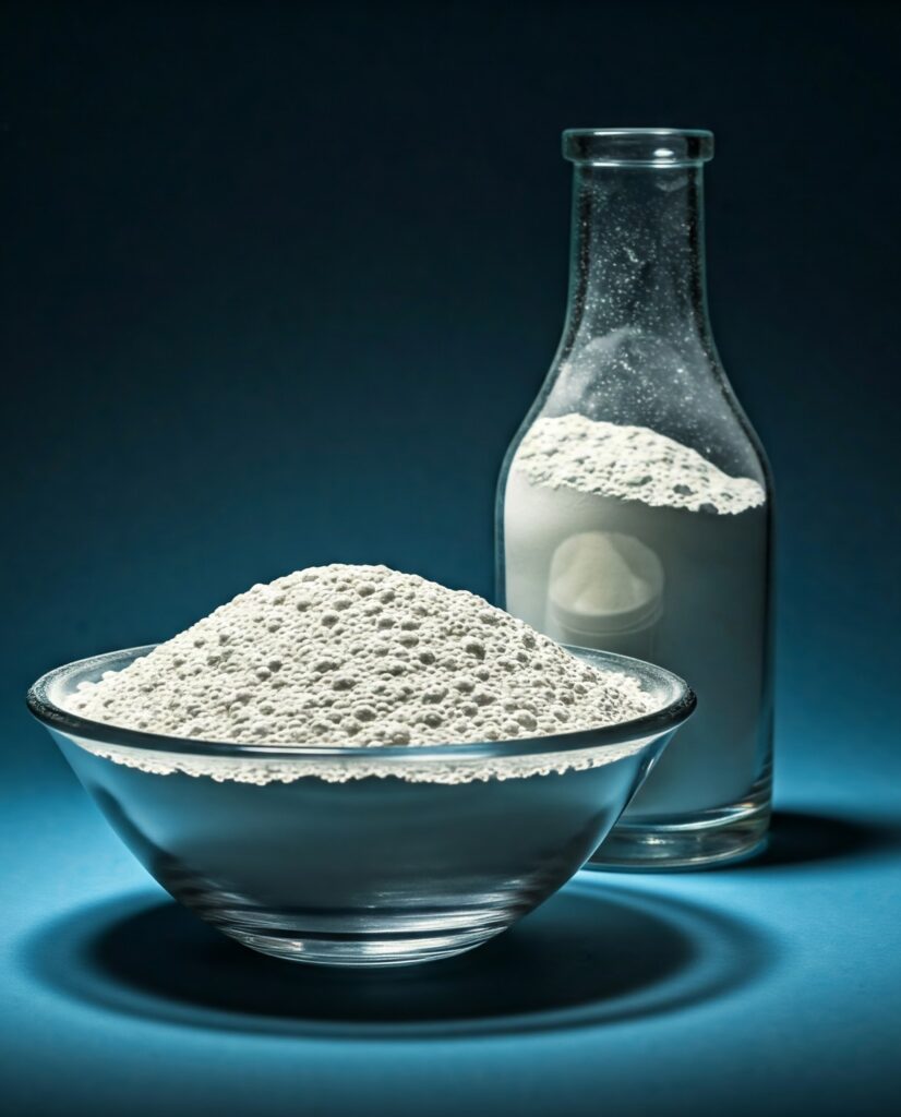 China clay powder in a bowl and bottle, industrial chemicals supplier in Ahmedabad for paints.