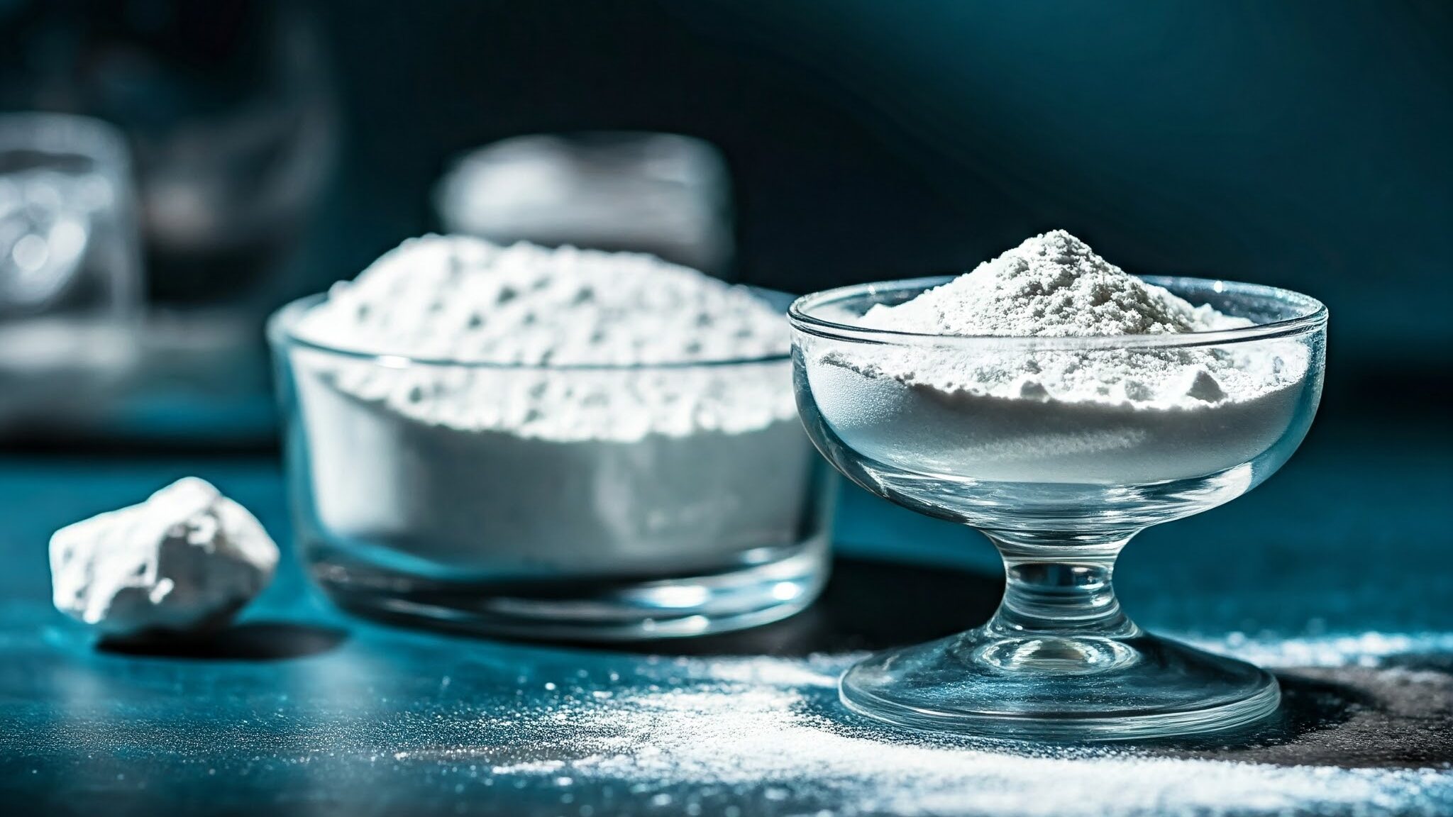 Calcium carbonate/calcite powder in glass bowl, premium industrial minerals supplier in Ahmedabad, Gujarat for diverse industries.