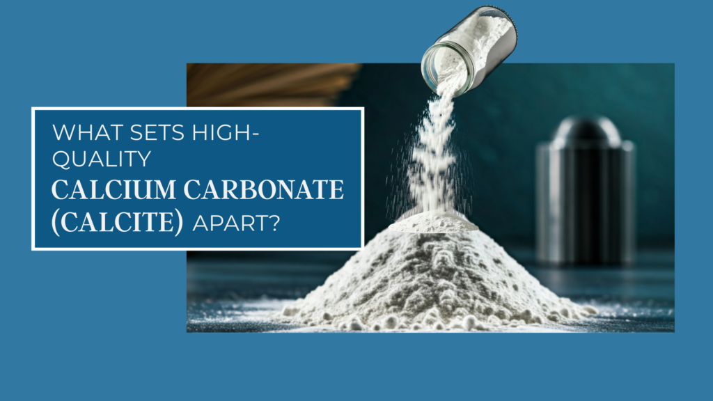 High-quality calcium carbonate (calcite) powder being poured from a container, blog cover image for Girikandra ChemEx.