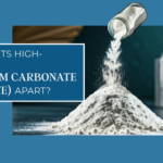 High-quality calcium carbonate (calcite) powder being poured from a container, blog cover image for Girikandra ChemEx.