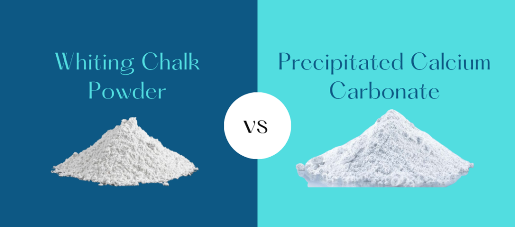 Comparison of Whiting Chalk Powder vs Precipitated Calcium Carbonate showing texture, brightness, and industrial applications in paints, plastics, and rubber